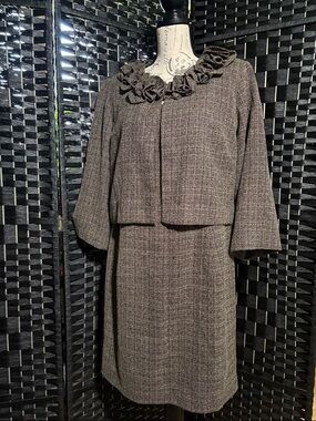 Danny & Nicole Brown Tweed Sheath Dress Suit with Ruffle Collar Sz.16